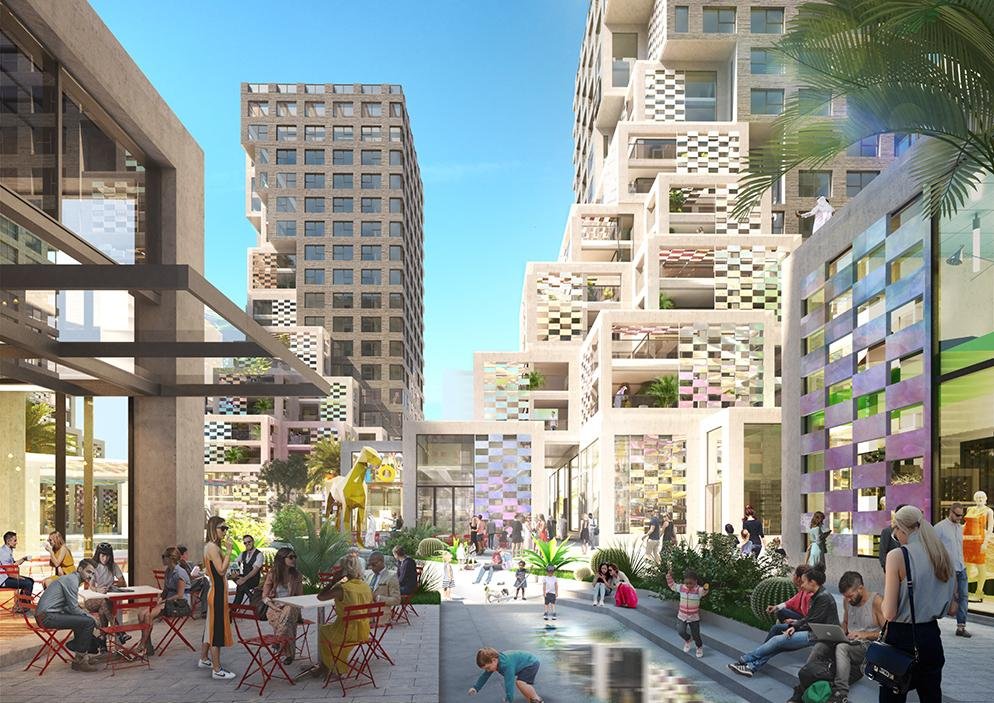 Contemporary architecture and pedestrian central plaza at Pixel Towers residential community