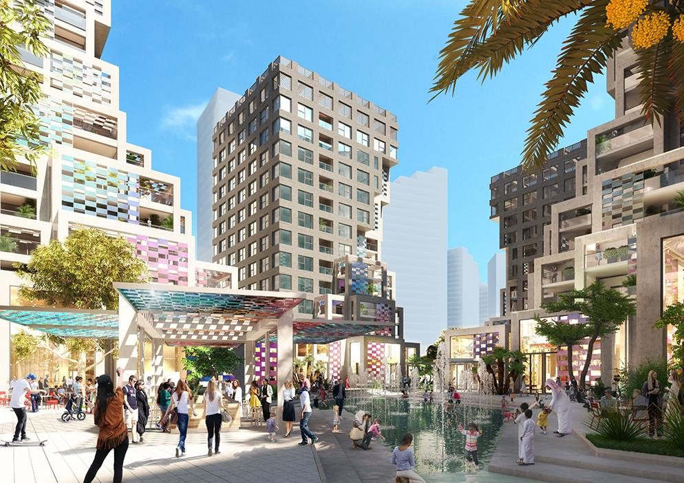 Modern exterior view of Pixel Towers seven-building complex in Makers District Al Reem Island Abu Dhabi
